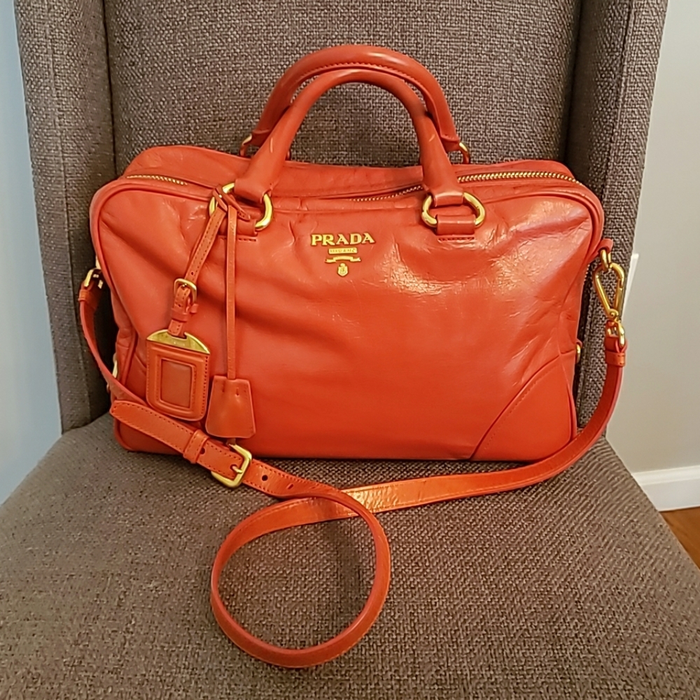 PRADA Mandarino Vitello Shine Leather Boston bag w